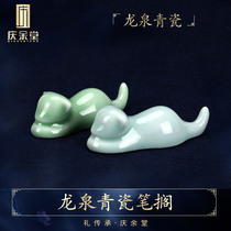 Ceramic pen holder Creative animal cute kitten brush pen holder paperweight ruler Longquan Kiln personality multi-function ceramic pen holder Wenfang four treasures calligraphy Chinese painting tool ornaments