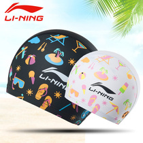 Li Ning childrens swimming cap for boys and girls long hair waterproof ear protection PU cute baby fashion printing swimming cap