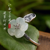 S925 pure silver retro and field jade white jade plum blossom inlaid upscale 100 lap opening ring ring