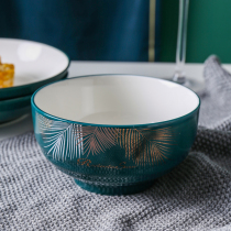 Double gemstone green bubble bowl household ceramic bowl soup bowl retro large soup basin student dorm room raw bowl