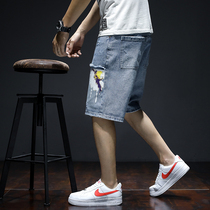 Denim Shorts Boys Summer Tide Cards Slim 50% Middle pants Korean version Trend printed loose straight cylinder 100 lap pants