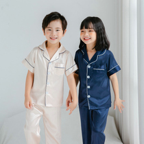 Summer childrens pajamas imitation silk short-sleeved trousers suit boys and girls middle-aged and older childrens thin section air-conditioned clothes home clothes