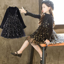 Girls dress 2019 new autumn dress children Korean version of foreign style fashionable fake two children autumn skirt tide