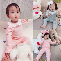 Spring and autumn cotton childrens girls pajamas long sleeve Princess lace collar children childrens baby home clothing set