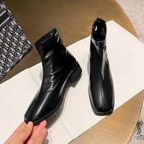 Soft Leather Short Boots Woman Flat Bottom 2021 Fall New Slim Martin Boot Inn Wind 100 lapped square head short cylinder leather boot