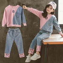 Girl set Net red 2020 foreign-style female baby childrens clothing sports autumn new denim two large child tide