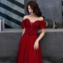 Shoulder toast 2020 new red Bride wedding dress party host temperament dress dress dress woman