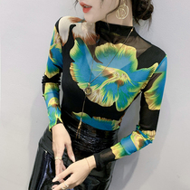 Europe station 2022 autumn and winter new fashion semi-high neckline printed T-shirt Long sleeves Neover air mesh yarn to hit undershirt tide