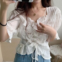 Foreign style short sleeve heart machine white shirt design very fairy chiffon top summer 2020 New V collar shirt Women