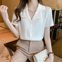 2021 summer new French satin shirt design sense Suit V collar chiffon fashion foreign style inner shirt top