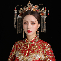 Cute bride new costume golden vintage round phoenix crown long tassel walk sway Chinese wedding headdress set