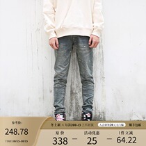 BONELESS washed old vintage jeans men slim feet splashing ink dark blue base hair not easy