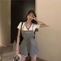 2021 Summer new sexy even hat short sleeve blouses fashion minus age casual wide-leg shorts Two sets womens clothing