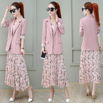 Fashion dress suit female autumn Korean temperament blazer suspender print two-piece dress