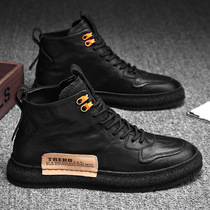 2021 New British style mens shoes ins Martin high-top Joker trendy shoes overboard leather boots all black short boots autumn