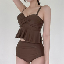 2021 new solid color large size backless split swimsuit Japanese and Korean ins style high waist slimming bikini swimsuit girls