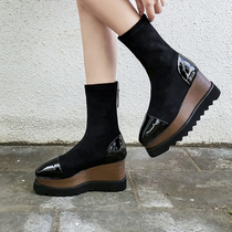 2021 autumn and winter new thick-soled stretch boots women Joker leather wedge heel martin boots thin leg high-heeled socks boots knight boots