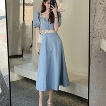 2021 new summer French court style retro bubble sleeve dress waist thin hollow skirt