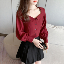 Shirt woman plus velvet thickened 2022 spring autumn new square collar design sensation small crowdlantern sleeve blouses woman long sleeve shirt