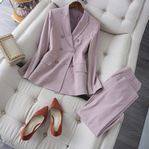 Rare smoky pink skin-lined white suit suit autumn new commuter Joker suit pants two-piece set