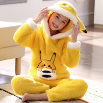 children's pajamas girls' autumn winter thickened flannel girls' home clothing coral fleece children's large and medium children's suit