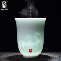 Ceramic fan master cup Longquan Celadon tea bowl Handmade shadow carving large tea cup Single cup Water cup Shadow Qing ceramic tea cup
