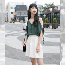  Summer womens clothing lady style V-neck strap short-sleeved chiffon shirt leaky shoulder top female