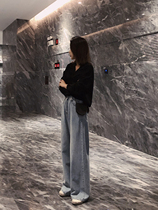 Fat sister 2021 spring new large size womens clothing suitable for crotch wide legs thick pants loose jeans tide