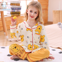 Spring new childrens pajamas pure cotton spring and Autumn girls cartoon Winnie the Pooh home clothes set in large childrens parent-child models