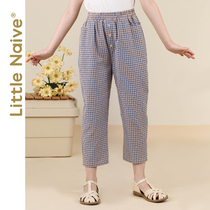 LittleNaive little naive girl plaid pants Spring and Autumn wear girl pants straight tube ankle-length pants check