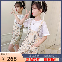 Girl Foreign Air Braces Shorts Summer Dress 2022 New Girls CUHK Childrens Net Red Loose Short Sleeves Two Suits Tide
