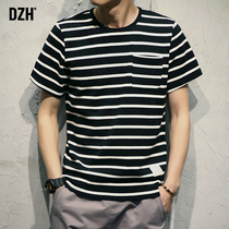 Good summer short sleeve male harbor wind slim round neck black and white stripe T-shirt men short sleeve Tide brand Wild base shirt