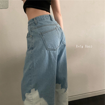 Summer clothes 2021 new fat sister loose size womens wide legs jeans hip big legs thick womens pants thin tide