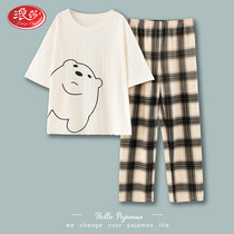 Langsha pure cotton pajamas womens summer cotton short-sleeved trousers two-piece suit cotton home service spring and autumn thin section can be worn outside