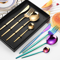 Stainless steel knife and fork spoon four-piece flat handle Portuguese tableware set gold-plated illusion 410 net red gift knife and fork