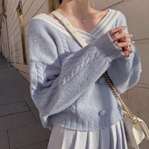Big V Collar Morandi Color Sweater 2021 Spring New Meta gas Girl relaxation outside wearing a needle-weasel-jersey Japanese sweet and beating bottom