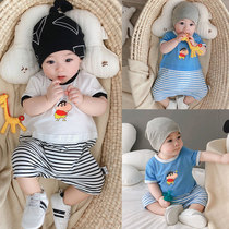 British next kid baby jumpsuit thin section short-sleeved romper baby summer newborn striped stitching romper cute