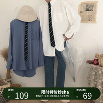 19studio tie one-piece shirt Korean Academy lovers 100 lap pure color long sleeve loose shirt man