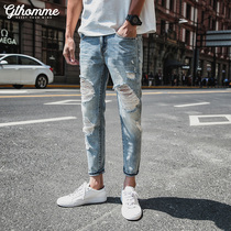 Broken clearance 2 pieces of 5 fold Mens broken jeans Korean version of ankle-length pants mens slim feet Joker pants tide