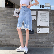 Irregular lace denim skirt womens summer 2021 New High waist slim long skirt