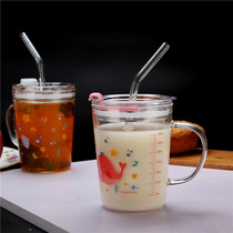 Glass Cup Straws Cups Childrens Milk With Scale Baby Punch Milk s wind band to bring cover cute heat resistant and transparent