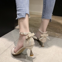 One word with sandals women 2021 New bow with skirt thin heel sexy fashion open toe high heels women Summer