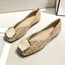 Big Code Women Shoes Small Scent Wind Single Shoes Female Summer Square Head 100 Hitch Flat-bottomed Lads Shoes Late Evening Gentle Shoes Bean-Bean Shoes 41-43