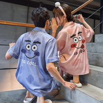 Couple pajamas female summer ice silk short sleeve thin cartoon cute silk summer mens large size home suit suit