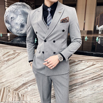 Suit suit mens double-breasted groom wedding dress British Korean version of slim three-piece trendy handsome suit