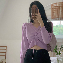 ins Han version Strap Cramps 100 Hitch Shorter-style Knitted Sweatshirt Woman Loose slim V collar Autumn winter Nets Temperament Blouse