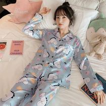 Pajamas female 2021 spring and autumn ice silk long sleeve Korean version cute can wear large size loose home suit winter