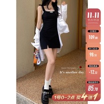 Spot Barbie sling a word age dress 2021 new summer Women waist black skirt hip skirt