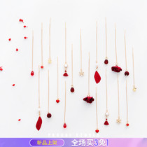 Spring and summer red tassel flower earrings female Korean temperament long pendant simple Joker earrings earrings
