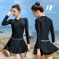 Long-sleeved swimsuit womens summer conservative one-piece black belly cover thin 2021 new hot spring swimsuit ins net red